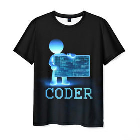 Мужская футболка 3D с принтом Coder - программист кодировщик в Кировске, 100% полиэфир | прямой крой, круглый вырез горловины, длина до линии бедер | it | programmer | голова | загрузка | код | надпись | неоновый | ноги | программный | руки | светящийся | страница | технологии | хакер | человек | человечек | шифровальщик | экран