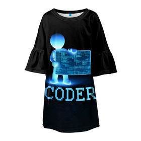 Детское платье 3D с принтом Coder - программист кодировщик в Кировске, 100% полиэстер | прямой силуэт, чуть расширенный к низу. Круглая горловина, на рукавах — воланы | it | programmer | голова | загрузка | код | надпись | неоновый | ноги | программный | руки | светящийся | страница | технологии | хакер | человек | человечек | шифровальщик | экран