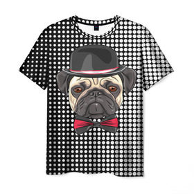 Мужская футболка 3D с принтом Mr. Pug в Кировске, 100% полиэфир | прямой крой, круглый вырез горловины, длина до линии бедер | animal | dog | pet | pug | puppy | арт | горошек | джентльмен | животные | кружочки | мопс | мопсик | пес | собаки | текстура | французский бульдог