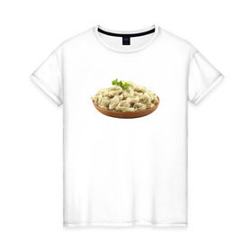 Женская футболка хлопок с принтом Пельмени на тарелке в Кировске, 100% хлопок | прямой крой, круглый вырез горловины, длина до линии бедер, слегка спущенное плечо | 