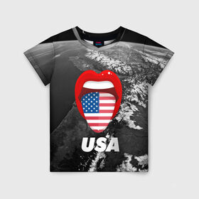 Детская футболка 3D с принтом USA в Кировске, 100% гипоаллергенный полиэфир | прямой крой, круглый вырез горловины, длина до линии бедер, чуть спущенное плечо, ткань немного тянется | united states | united states of america | yankeeland | америка | планета | сша | язык