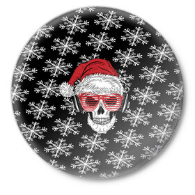 Значок с принтом Santa Skull хипстер в Кировске,  металл | круглая форма, металлическая застежка в виде булавки | Тематика изображения на принте: дед мороз | новогодний | паттерн | санта | снег | снежинки