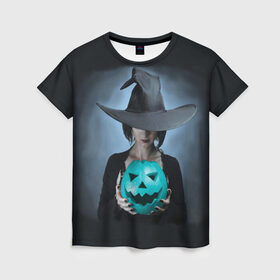 Женская футболка 3D с принтом Ведьма с тыквой в Кировске, 100% полиэфир ( синтетическое хлопкоподобное полотно) | прямой крой, круглый вырез горловины, длина до линии бедер | 