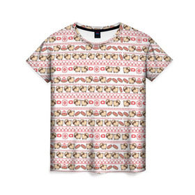 Женская футболка 3D с принтом Свитер с мопсами в Кировске, 100% полиэфир ( синтетическое хлопкоподобное полотно) | прямой крой, круглый вырез горловины, длина до линии бедер | милый | паттерн | пончик | собака | щенок