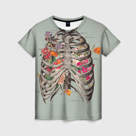 Женская футболка 3D с принтом Грудная клетка в Кировске, 100% полиэфир ( синтетическое хлопкоподобное полотно) | прямой крой, круглый вырез горловины, длина до линии бедер | Тематика изображения на принте: halloween | skeleton | грудная клетка | кости | ребра | скелет | хэллоуин