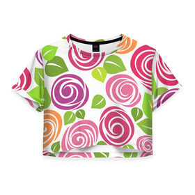 Женская футболка 3D укороченная с принтом Розы Минимализм в Кировске, 100% полиэстер | круглая горловина, длина футболки до линии талии, рукава с отворотами | flowers | розовый | розы | цветы