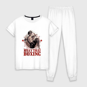 Женская пижама хлопок с принтом Тайский бокс в Кировске, 100% хлопок | брюки и футболка прямого кроя, без карманов, на брюках мягкая резинка на поясе и по низу штанин | muay thai boxing