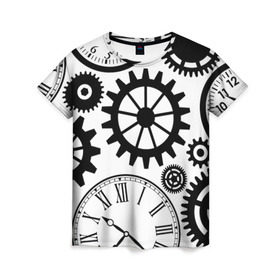 Женская футболка 3D с принтом Часы и шестеренки в Кировске, 100% полиэфир ( синтетическое хлопкоподобное полотно) | прямой крой, круглый вырез горловины, длина до линии бедер | pattern | узор | часы