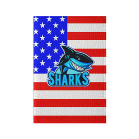 Обложка для паспорта матовая кожа с принтом Sharks USA в Кировске, натуральная матовая кожа | размер 19,3 х 13,7 см; прозрачные пластиковые крепления | sharks | usa | акула | америка | американец | символика америки | сша