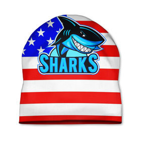 Шапка 3D с принтом Sharks USA в Кировске, 100% полиэстер | универсальный размер, печать по всей поверхности изделия | sharks | usa | акула | америка | американец | символика америки | сша