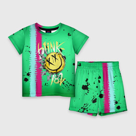 Детский костюм с шортами 3D с принтом Blink 182 в Кировске,  |  | blink | альтернативный рок | блинк | зеленый | линии | марк хоппус | музыка | мэтт скиба | панк | панк рок | песни | полосы | поп панк | рок | скейт панк | смайл | трэвис баркер