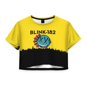 Женская футболка 3D укороченная с принтом Blink-182 город в Кировске, 100% полиэстер | круглая горловина, длина футболки до линии талии, рукава с отворотами | blink | альтернативный рок | блинк | город | желтый | марк хоппус | музыка | мэтт скиба | панк | панк рок | песни | поп панк | рок | скейт панк | смайл | солнце | трэвис баркер