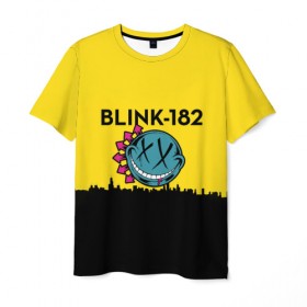 Мужская футболка 3D с принтом Blink-182 город в Кировске, 100% полиэфир | прямой крой, круглый вырез горловины, длина до линии бедер | blink | альтернативный рок | блинк | город | желтый | марк хоппус | музыка | мэтт скиба | панк | панк рок | песни | поп панк | рок | скейт панк | смайл | солнце | трэвис баркер
