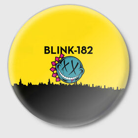 Значок с принтом Blink-182 город в Кировске,  металл | круглая форма, металлическая застежка в виде булавки | blink | альтернативный рок | блинк | город | желтый | марк хоппус | музыка | мэтт скиба | панк | панк рок | песни | поп панк | рок | скейт панк | смайл | солнце | трэвис баркер
