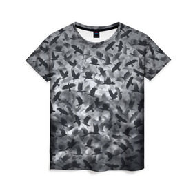 Женская футболка 3D с принтом Вороны в Кировске, 100% полиэфир ( синтетическое хлопкоподобное полотно) | прямой крой, круглый вырез горловины, длина до линии бедер | ворон | ворона | воронье | небо | паттрен | птицы | серый | стая | текстура | хеллоуин