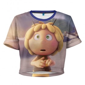 Женская футболка 3D укороченная с принтом Пчелка Майя в Кировске, 100% полиэстер | круглая горловина, длина футболки до линии талии, рукава с отворотами | 