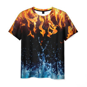 Мужская футболка 3D с принтом Две стихии в Кировске, 100% полиэфир | прямой крой, круглый вырез горловины, длина до линии бедер | Тематика изображения на принте: cold | fire | ice | вода water | лёд | огонь | пламя | стихиz | холод