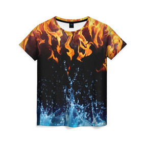 Женская футболка 3D с принтом Две стихии в Кировске, 100% полиэфир ( синтетическое хлопкоподобное полотно) | прямой крой, круглый вырез горловины, длина до линии бедер | cold | fire | ice | вода water | лёд | огонь | пламя | стихиz | холод