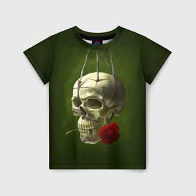 Детская футболка 3D с принтом Череп и роза в Кировске, 100% гипоаллергенный полиэфир | прямой крой, круглый вырез горловины, длина до линии бедер, чуть спущенное плечо, ткань немного тянется | Тематика изображения на принте: кости | роза | скелет | хэллоуин | цветок | цветы | череп