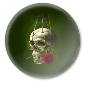 Значок с принтом Череп и роза в Кировске,  металл | круглая форма, металлическая застежка в виде булавки | Тематика изображения на принте: кости | роза | скелет | хэллоуин | цветок | цветы | череп