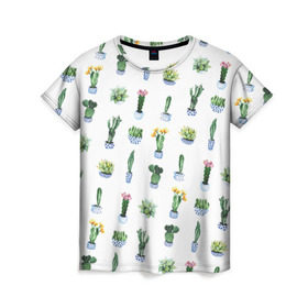 Женская футболка 3D с принтом Кактусы в Кировске, 100% полиэфир ( синтетическое хлопкоподобное полотно) | прямой крой, круглый вырез горловины, длина до линии бедер | горшок | зеленый | кактус | принт | растение | флора | цветы