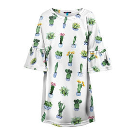 Детское платье 3D с принтом Кактусы в Кировске, 100% полиэстер | прямой силуэт, чуть расширенный к низу. Круглая горловина, на рукавах — воланы | горшок | зеленый | кактус | принт | растение | флора | цветы
