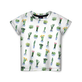 Детская футболка 3D с принтом Кактусы в Кировске, 100% гипоаллергенный полиэфир | прямой крой, круглый вырез горловины, длина до линии бедер, чуть спущенное плечо, ткань немного тянется | Тематика изображения на принте: горшок | зеленый | кактус | принт | растение | флора | цветы