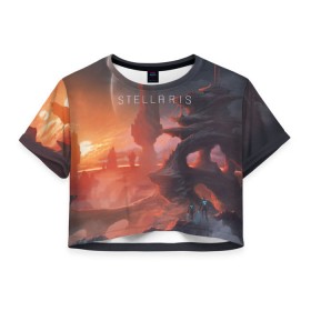 Женская футболка 3D укороченная с принтом Stellaris в Кировске, 100% полиэстер | круглая горловина, длина футболки до линии талии, рукава с отворотами | stellaris