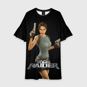 Детское платье 3D с принтом TOMB RAIDER в Кировске, 100% полиэстер | прямой силуэт, чуть расширенный к низу. Круглая горловина, на рукавах — воланы | game | girl | gun | lara croft | tomb raider | девушка | игра | оружие | пистолет