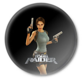 Значок с принтом TOMB RAIDER в Кировске,  металл | круглая форма, металлическая застежка в виде булавки | Тематика изображения на принте: game | girl | gun | lara croft | tomb raider | девушка | игра | оружие | пистолет