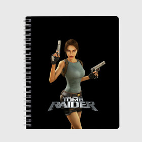 Тетрадь с принтом TOMB RAIDER в Кировске, 100% бумага | 48 листов, плотность листов — 60 г/м2, плотность картонной обложки — 250 г/м2. Листы скреплены сбоку удобной пружинной спиралью. Уголки страниц и обложки скругленные. Цвет линий — светло-серый
 | game | girl | gun | lara croft | tomb raider | девушка | игра | оружие | пистолет