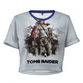 Женская футболка 3D укороченная с принтом TOMB RAIDER в Кировске, 100% полиэстер | круглая горловина, длина футболки до линии талии, рукава с отворотами | game | girl | gun | lara croft | tomb raider | девушка | игра | оружие | пистолет