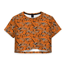 Женская футболка 3D укороченная с принтом Осенний камуфляж в Кировске, 100% полиэстер | круглая горловина, длина футболки до линии талии, рукава с отворотами | военный | оронжевый | серый | черный