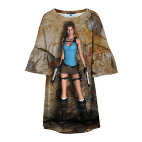 Детское платье 3D с принтом TOMB RAIDER в Кировске, 100% полиэстер | прямой силуэт, чуть расширенный к низу. Круглая горловина, на рукавах — воланы | game | girl | gun | lara croft | tomb raider | девушка | игра | оружие | пистолет
