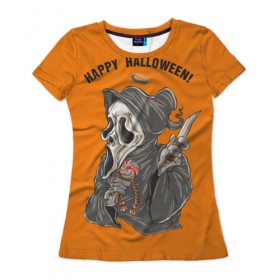 Женская футболка 3D с принтом Happy Halloween в Кировске, 100% полиэфир ( синтетическое хлопкоподобное полотно) | прямой крой, круглый вырез горловины, длина до линии бедер | helloween |  хэллоуин | день всех святых | крик | нож | праздник | ужас | хеллоуин | хеловин | хелоуин