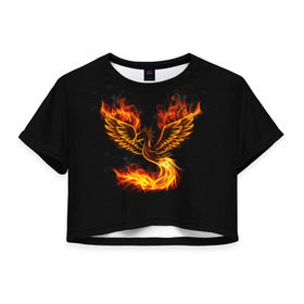 Женская футболка 3D укороченная с принтом Феникс в Кировске, 100% полиэстер | круглая горловина, длина футболки до линии талии, рукава с отворотами | fire | flame | in fire | smoke | в огне | дым | огненный | огонь