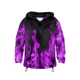 Детская ветровка 3D с принтом Фиолетовый огонь в Кировске, 100% полиэстер | подол и капюшон оформлены резинкой с фиксаторами, по бокам два кармана без застежек, один потайной карман на груди | лиловый | пламя | яркий