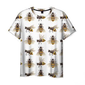 Мужская футболка 3D с принтом Пчелы в Кировске, 100% полиэфир | прямой крой, круглый вырез горловины, длина до линии бедер | Тематика изображения на принте: белый | желтый | крылья | мед | черный