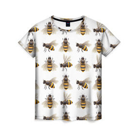 Женская футболка 3D с принтом Пчелы в Кировске, 100% полиэфир ( синтетическое хлопкоподобное полотно) | прямой крой, круглый вырез горловины, длина до линии бедер | белый | желтый | крылья | мед | черный