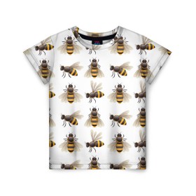 Детская футболка 3D с принтом Пчелы в Кировске, 100% гипоаллергенный полиэфир | прямой крой, круглый вырез горловины, длина до линии бедер, чуть спущенное плечо, ткань немного тянется | белый | желтый | крылья | мед | черный