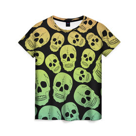 Женская футболка 3D с принтом Веселый хэллоуин в Кировске, 100% полиэфир ( синтетическое хлопкоподобное полотно) | прямой крой, круглый вырез горловины, длина до линии бедер | зеленый | кости | цвет | череп | черный