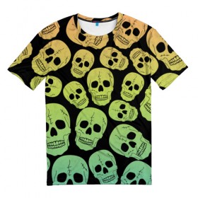 Мужская футболка 3D с принтом Веселый хэллоуин в Кировске, 100% полиэфир | прямой крой, круглый вырез горловины, длина до линии бедер | Тематика изображения на принте: зеленый | кости | цвет | череп | черный