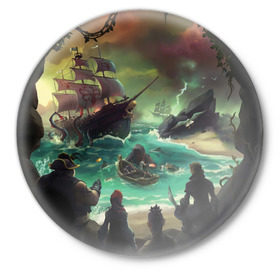 Значок с принтом Sea of thieves в Кировске,  металл | круглая форма, металлическая застежка в виде булавки | mmo | море | пират | пираты | сокровища | сокровище