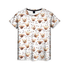 Женская футболка 3D с принтом Собаки Паттерн в Кировске, 100% полиэфир ( синтетическое хлопкоподобное полотно) | прямой крой, круглый вырез горловины, длина до линии бедер | акварель | лапа | лапки | мопс | пес | псы | след | собакен | чихуа