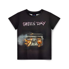 Детская футболка 3D с принтом Green Day магнитофон в огне в Кировске, 100% гипоаллергенный полиэфир | прямой крой, круглый вырез горловины, длина до линии бедер, чуть спущенное плечо, ткань немного тянется | american idiot | green day | альтернативный | билли джо армстронг | грин дей | группа | зелёный день | майк дёрнт | музыка | панк | поп | поппанк | рок | тре кул
