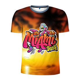 Мужская футболка 3D спортивная с принтом Miami Beach в Кировске, 100% полиэстер с улучшенными характеристиками | приталенный силуэт, круглая горловина, широкие плечи, сужается к линии бедра | закат | майами | пейзаж | пляж | солнце