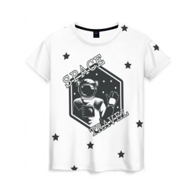 Женская футболка 3D с принтом Space travel в Кировске, 100% полиэфир ( синтетическое хлопкоподобное полотно) | прямой крой, круглый вырез горловины, длина до линии бедер | белый | звезды | космос | скафандр | черный