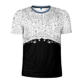 Мужская футболка 3D спортивная с принтом Флористика в Кировске, 100% полиэстер с улучшенными характеристиками | приталенный силуэт, круглая горловина, широкие плечи, сужается к линии бедра | лист | серый | узор | цветы | черный