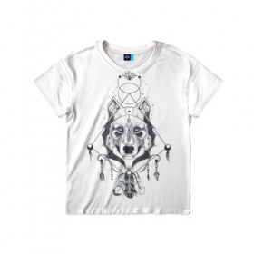 Детская футболка 3D с принтом Этно волк в Кировске, 100% гипоаллергенный полиэфир | прямой крой, круглый вырез горловины, длина до линии бедер, чуть спущенное плечо, ткань немного тянется | амулет | волк | животное | перо | этнические