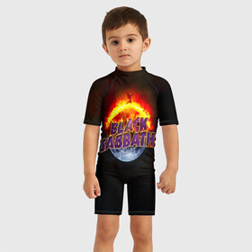 Детский купальный костюм 3D с принтом Black Sabbath земля в огне в Кировске, Полиэстер 85%, Спандекс 15% | застежка на молнии на спине | black sabbath | группа | метал | надпись | оззи | осборн | хард рок | хеви метал